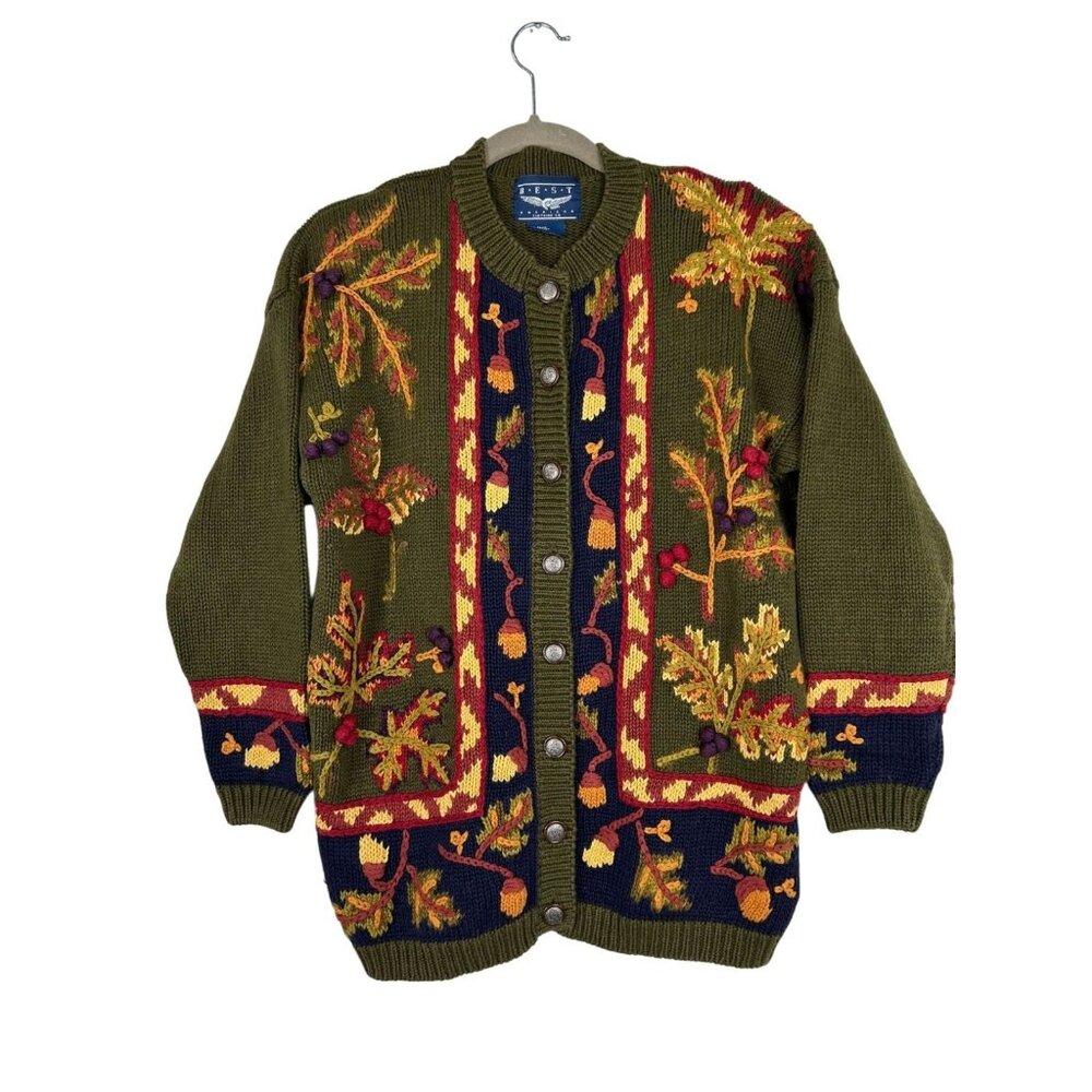 VTG BEST American Clothing Co. Fall-Themed Women's Cardigan M Ramie Blend